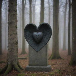 Enveloped by the shadowy forest, a sorrowful statue with the symbol of Insomnium etched deeply into its stone heart stands solitary. Its expression mirrors the haunting tranquillity of the nocturnal woodland.