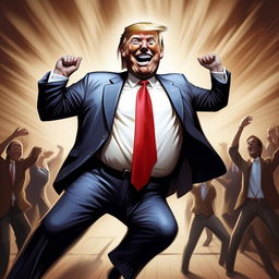 A caricature of Donald Trump enthusiastically dancing to the YMCA song, displaying joyful energy and movement.