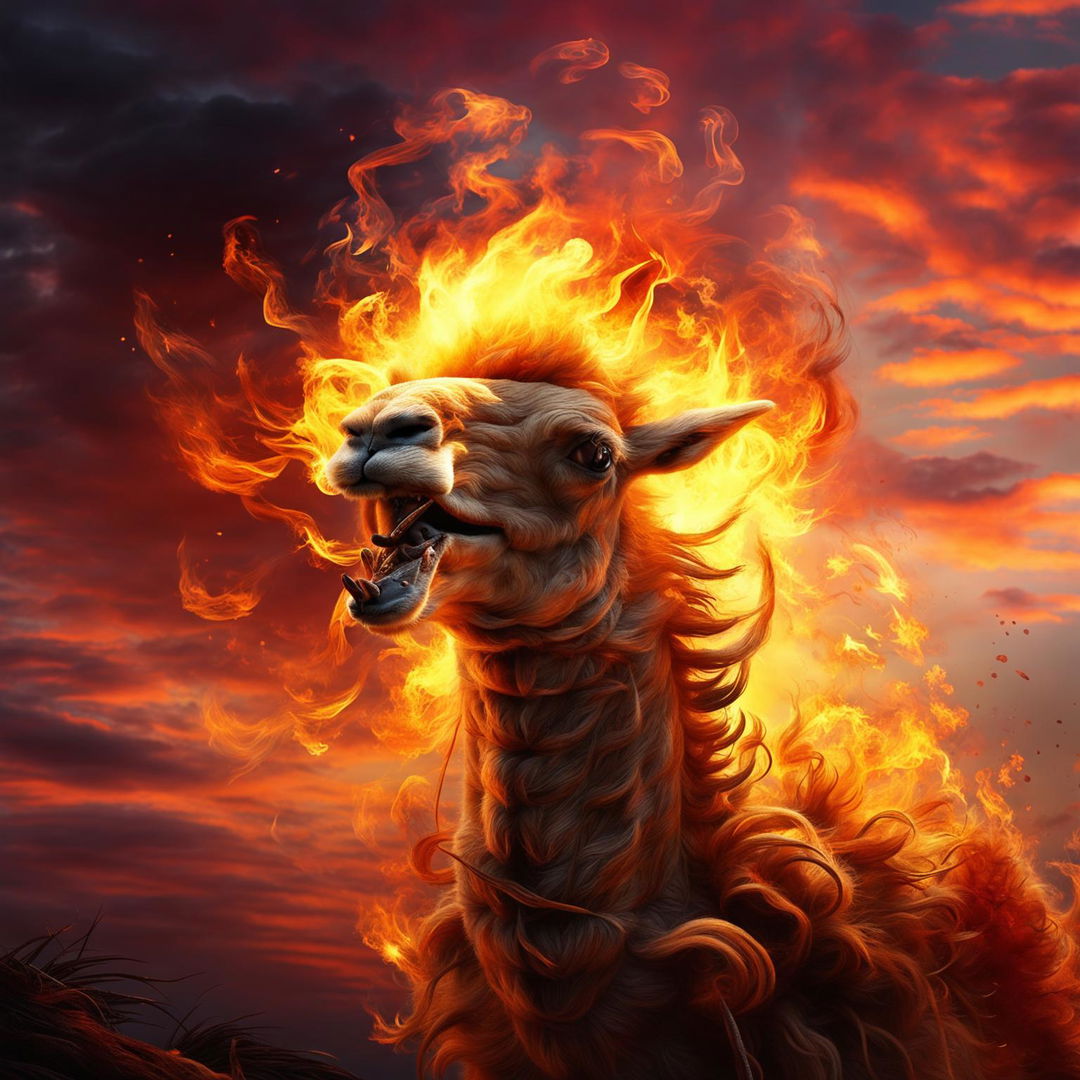 A fiery llama furiously spewing flames from its mouth against a dramatic, dusk sky.