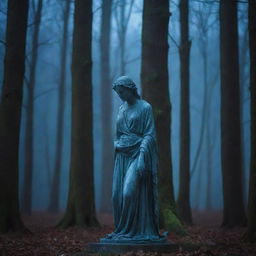 In a moonlit forest, a glowing, melancholic statue radiates a soft, ethereal blue light. The scene is steeped in sadness and mystery, creating a captivating image with shades of blue dominating the theme.