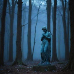 In a moonlit forest, a glowing, melancholic statue radiates a soft, ethereal blue light. The scene is steeped in sadness and mystery, creating a captivating image with shades of blue dominating the theme.