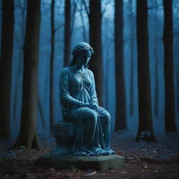 In a moonlit forest, a glowing, melancholic statue radiates a soft, ethereal blue light. The scene is steeped in sadness and mystery, creating a captivating image with shades of blue dominating the theme.