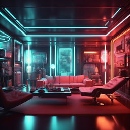 A living room designed in the aesthetic of Blade Runner, with elements of neon lights, retro futurism, and dystopian overtones