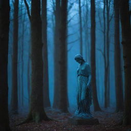 In a moonlit forest, a glowing, melancholic statue radiates a soft, ethereal blue light. The scene is steeped in sadness and mystery, creating a captivating image with shades of blue dominating the theme.