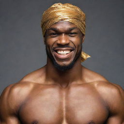 A muscular and hairy African American man wearing a doo rag, symbolizing the characteristics of a street fighter. He is shirtless, grinning proudly with gleaming gold teeth.