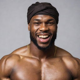 A muscular and hairy African American man wearing a doo rag, symbolizing the characteristics of a street fighter. He is shirtless, grinning proudly with gleaming gold teeth.