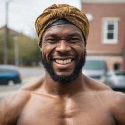 A muscular and hairy African American man wearing a doo rag, symbolizing the characteristics of a street fighter. He is shirtless, grinning proudly with gleaming gold teeth.