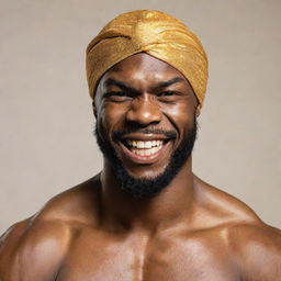 A muscular and hairy African American man wearing a doo rag, symbolizing the characteristics of a street fighter. He is shirtless, grinning proudly with gleaming gold teeth.