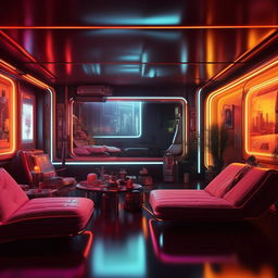 A living room designed in the aesthetic of Blade Runner, with elements of neon lights, retro futurism, and dystopian overtones