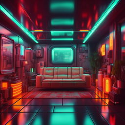 A living room designed in the aesthetic of Blade Runner, with elements of neon lights, retro futurism, and dystopian overtones