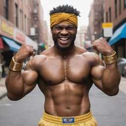 Hulky, hairy African American man in a doo rag, radiating street fighter vibes. He is shirtless, unveiling a charming grin with gold-plated teeth, and confidently holding his fists up in a combative anticipation.