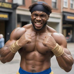 Hulky, hairy African American man in a doo rag, radiating street fighter vibes. He is shirtless, unveiling a charming grin with gold-plated teeth, and confidently holding his fists up in a combative anticipation.