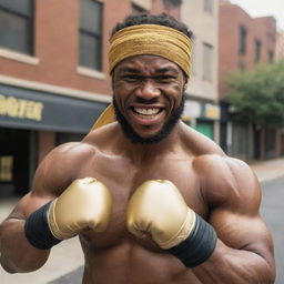 Hulky, hairy African American man in a doo rag, radiating street fighter vibes. He is shirtless, unveiling a charming grin with gold-plated teeth, and confidently holding his fists up in a combative anticipation.