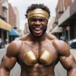 Hulky, hairy African American man in a doo rag, radiating street fighter vibes. He is shirtless, unveiling a charming grin with gold-plated teeth, and confidently holding his fists up in a combative anticipation.