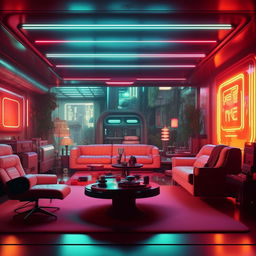 A living room designed in the aesthetic of Blade Runner, with elements of neon lights, retro futurism, and dystopian overtones