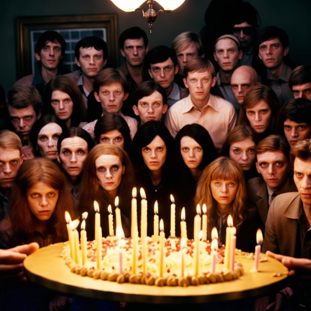 A birthday party scene with all attendees staring at the camera, the cake candles have completely melted, creating an uncanny valley ambiance.