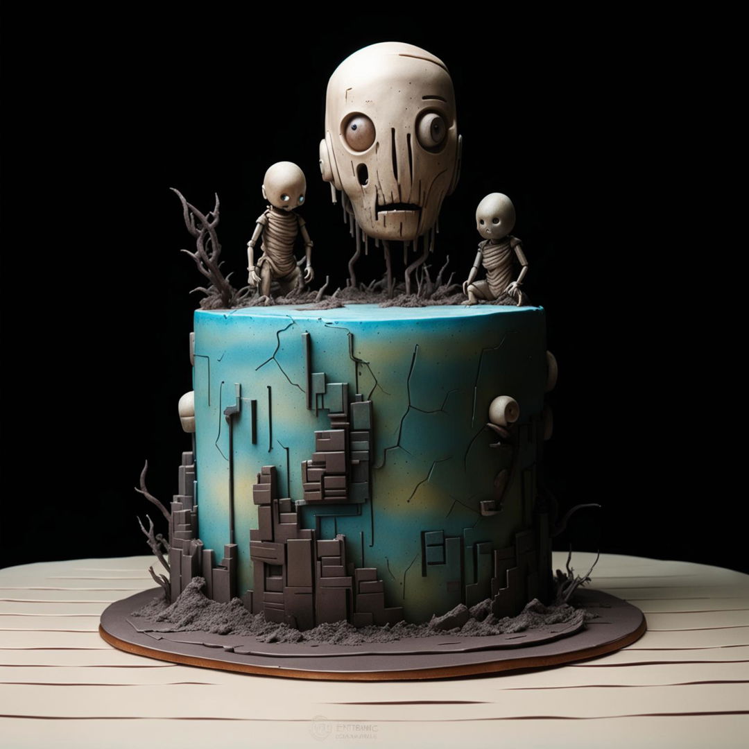 An unsettling yet intriguing birthday cake designed to evoke a sense of the uncanny valley.