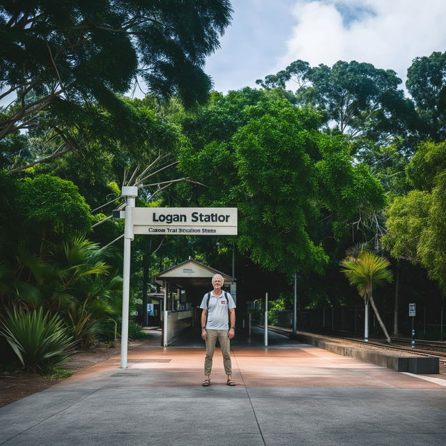 A man standing outside Logan train station in Queensland, Australia at daytime with the station signage visible, and tropical trees in the background.