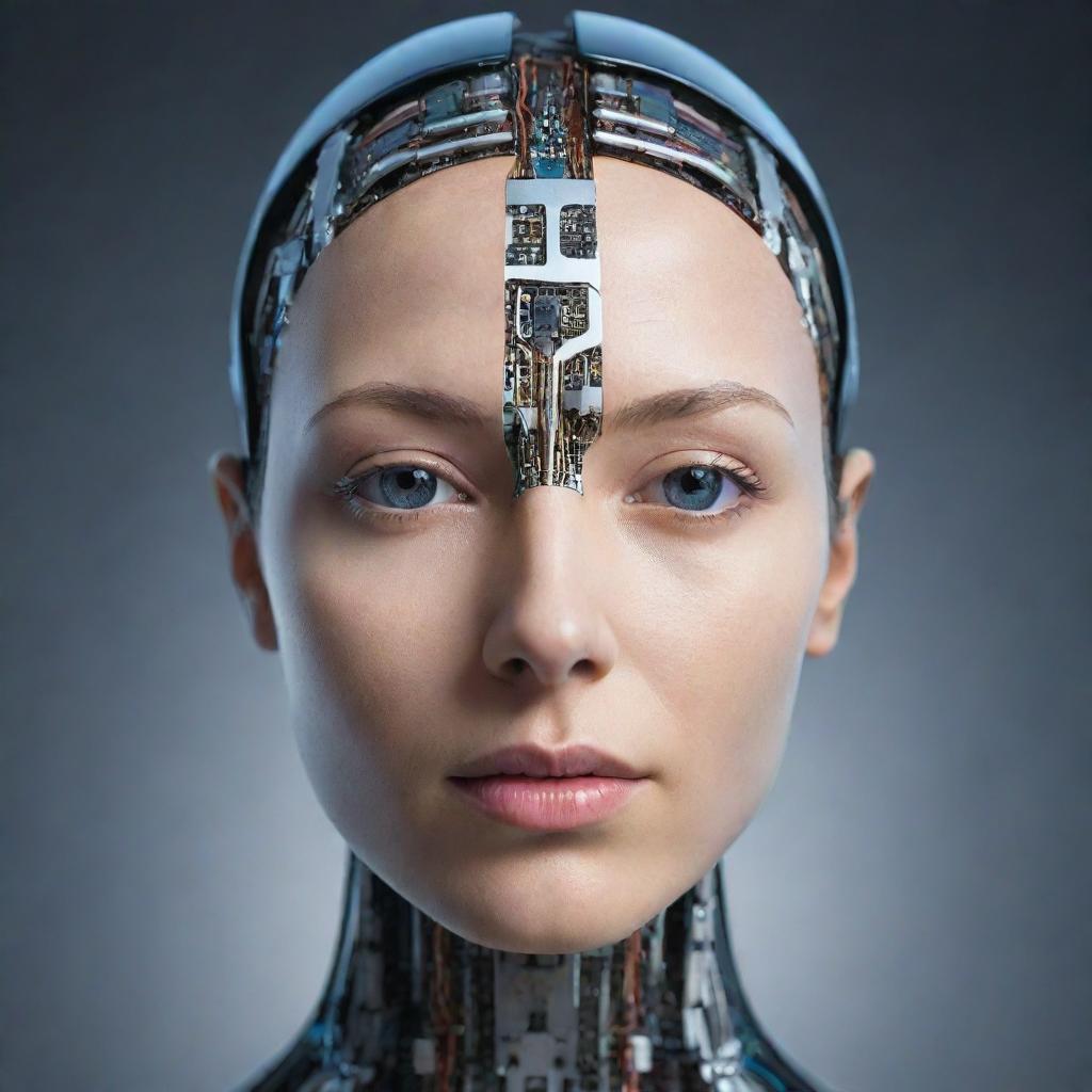 A conceptual representation of the face of artificial intelligence, blending advanced technology with humanoid features.