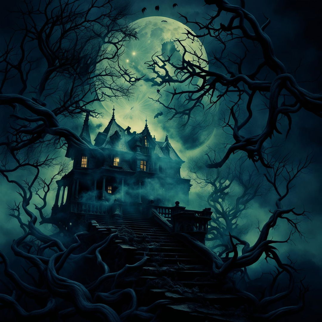 An unsettling, spooky scene featuring swirling mists, gnarled trees and a haunted mansion under a moonlit sky.