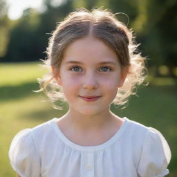 A portrait of a young girl with rosy cheeks and sparkling eyes, hair neatly tied in a bun. She's wearing a white cotton dress, bathed in soft afternoon sunlight.