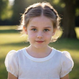 A portrait of a young girl with rosy cheeks and sparkling eyes, hair neatly tied in a bun. She's wearing a white cotton dress, bathed in soft afternoon sunlight.