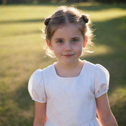 A portrait of a young girl with rosy cheeks and sparkling eyes, hair neatly tied in a bun. She's wearing a white cotton dress, bathed in soft afternoon sunlight.