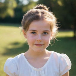 A portrait of a young girl with rosy cheeks and sparkling eyes, hair neatly tied in a bun. She's wearing a white cotton dress, bathed in soft afternoon sunlight.