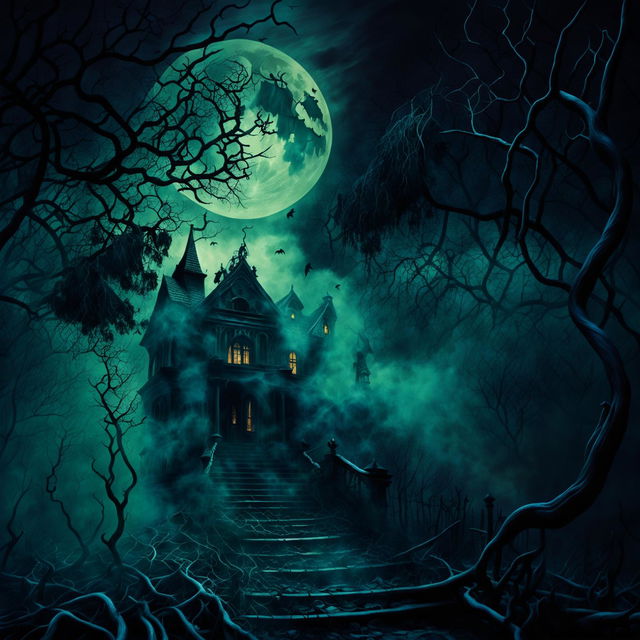 A hyper-realistic unsettling, spooky scene featuring swirling mists, gnarled trees, and a haunted mansion under a moonlit sky.