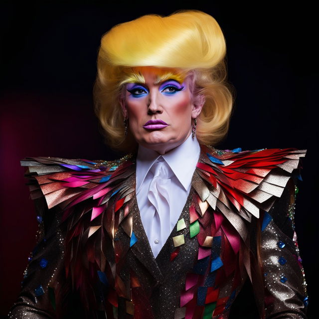 Donald Trump styled as a glamorous drag queen with extravagant attire, bold makeup and sparkling accessories.