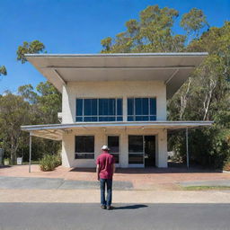 A man standing outside of Logan train station in Queensland, Australia. The station architecture reflecting Australia's design style, surrounding trees, and the clear blue sky in the background.