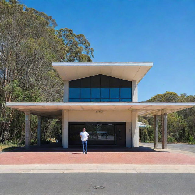 A man standing outside of Logan train station in Queensland, Australia. The station architecture reflecting Australia's design style, surrounding trees, and the clear blue sky in the background.