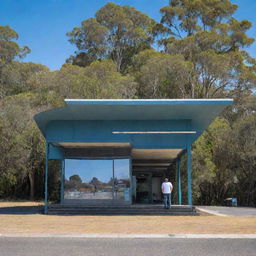 A man standing outside of Logan train station in Queensland, Australia. The station architecture reflecting Australia's design style, surrounding trees, and the clear blue sky in the background.