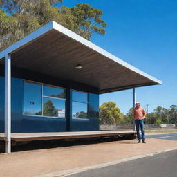 A man standing outside of Logan train station in Queensland, Australia. The station architecture reflecting Australia's design style, surrounding trees, and the clear blue sky in the background.