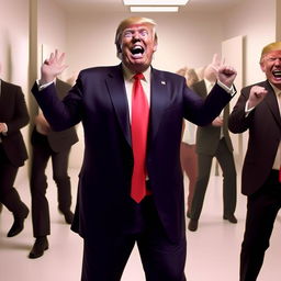 Revise the image to show Donald Trump dancing to the YMCA song, but enhance his expression to depict even more joy and delight.