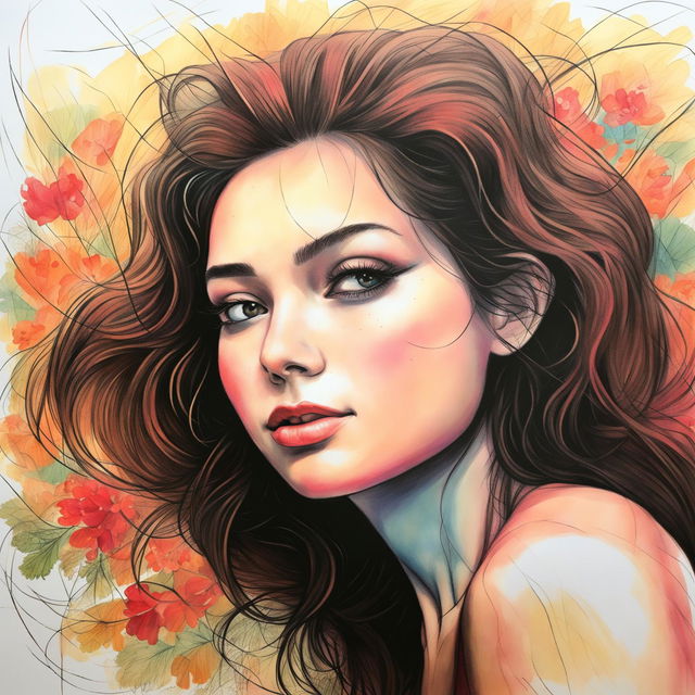 A highly detailed, full-color crayon illustration of a beautiful woman, exhibiting childlike simplicity and remarkable quality. The image's rough edges enhancing the overall beauty.