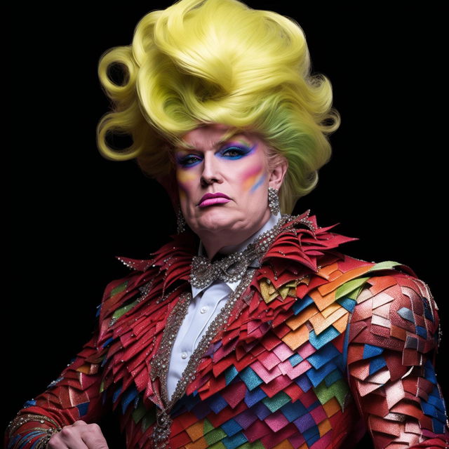 Donald Trump portrayed as an exceptionally fabulous drag queen, showcasing a flamboyant wardrobe, exaggerated makeup, and over-the-top accessories.