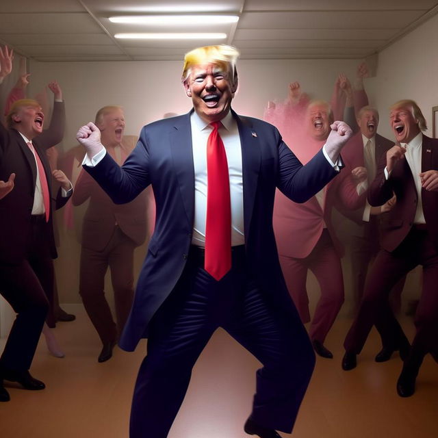 Revise the image to show Donald Trump dancing to the YMCA song, but enhance his expression to depict even more joy and delight.