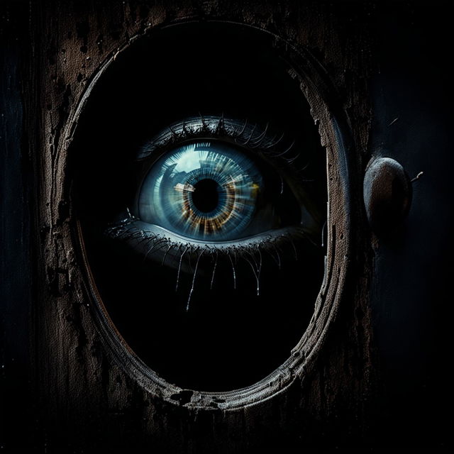 A chilling, spectral eye observed through an old, rusty keyhole, instilling a sense of dread and suspense.