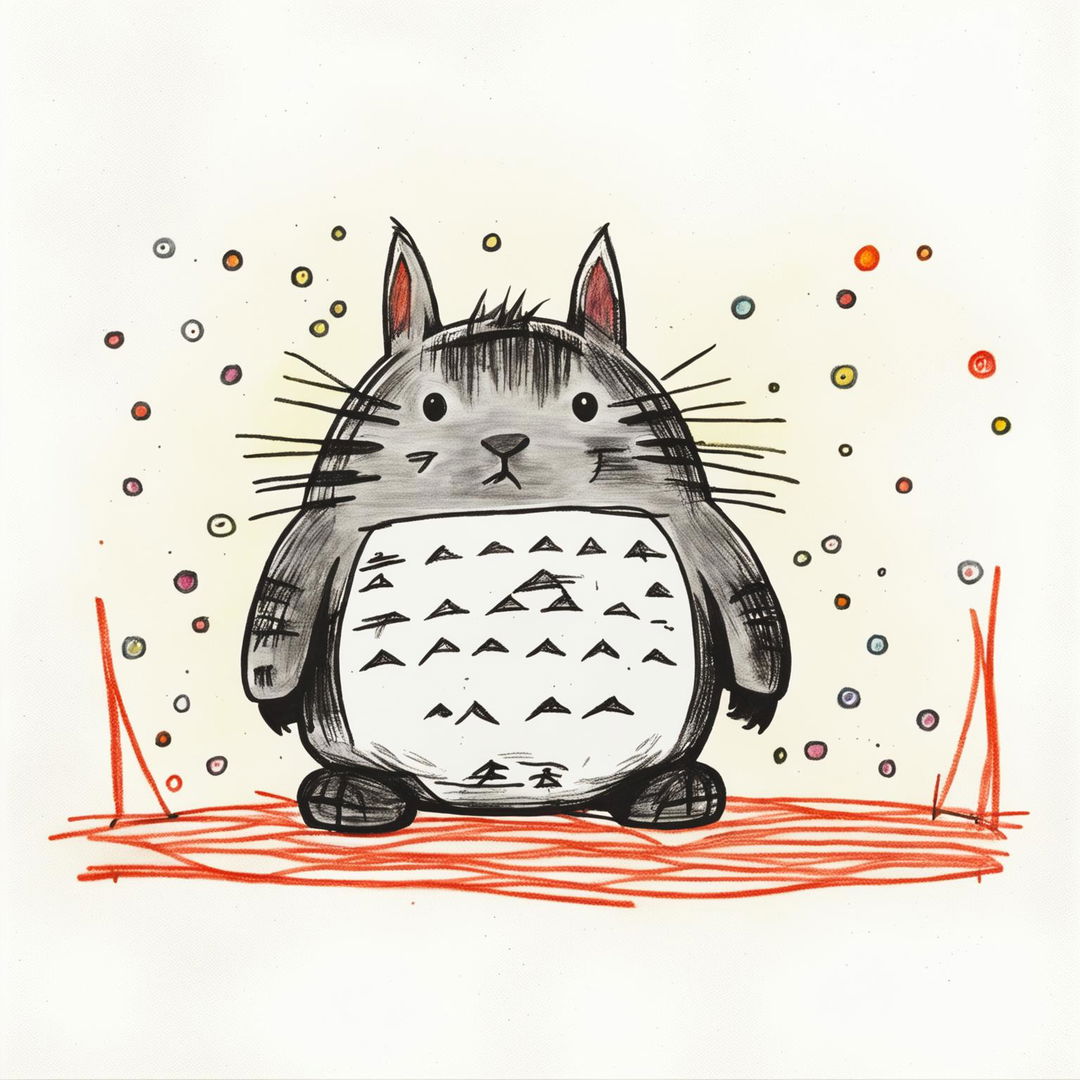 An innocent and colourful child's crayon drawing of Totoro, characterized by simple, scribbly outlines on a plain white background, evoking the charm of age four artwork.