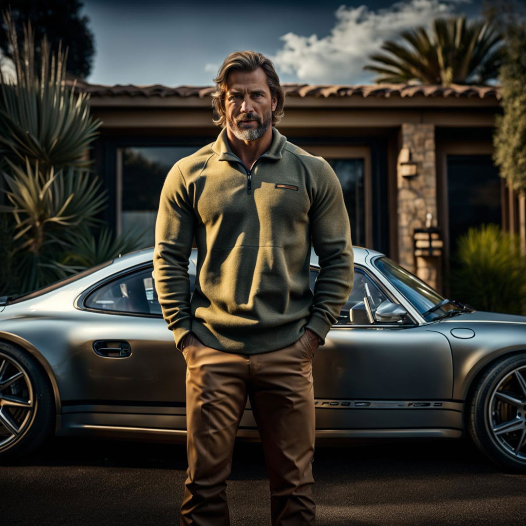 A muscular man in casual entrepreneur attire, featuring a Patagonia quarter zip sweater, standing next to a Porsche 911 at his residence in Calabasas. Render this in a cinematic, hyper-realistic style akin to raw photography.