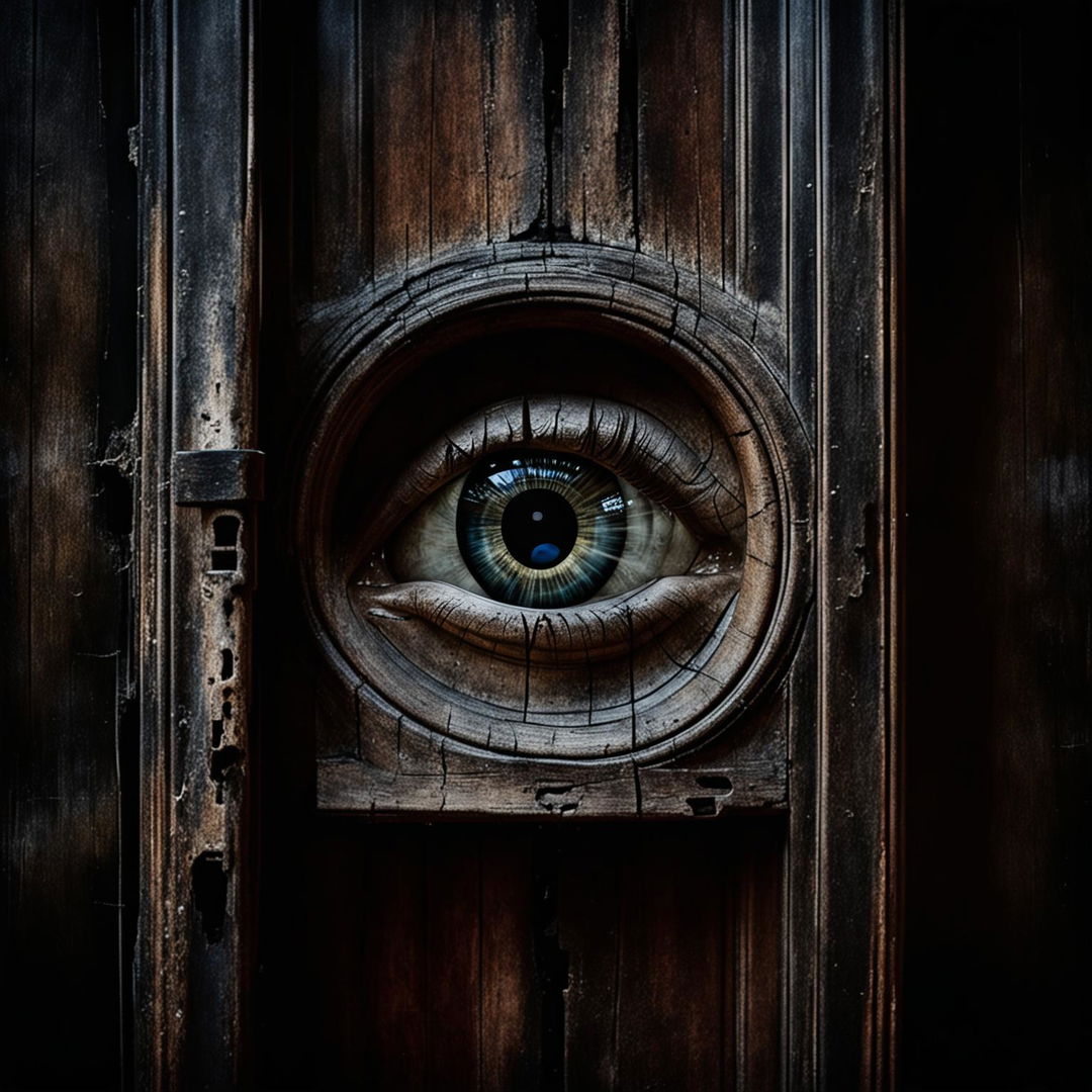 A ghostly and cloudy eye, viewed through a vintage wooden door's keyhole, radiating an aura of haunted mystery.