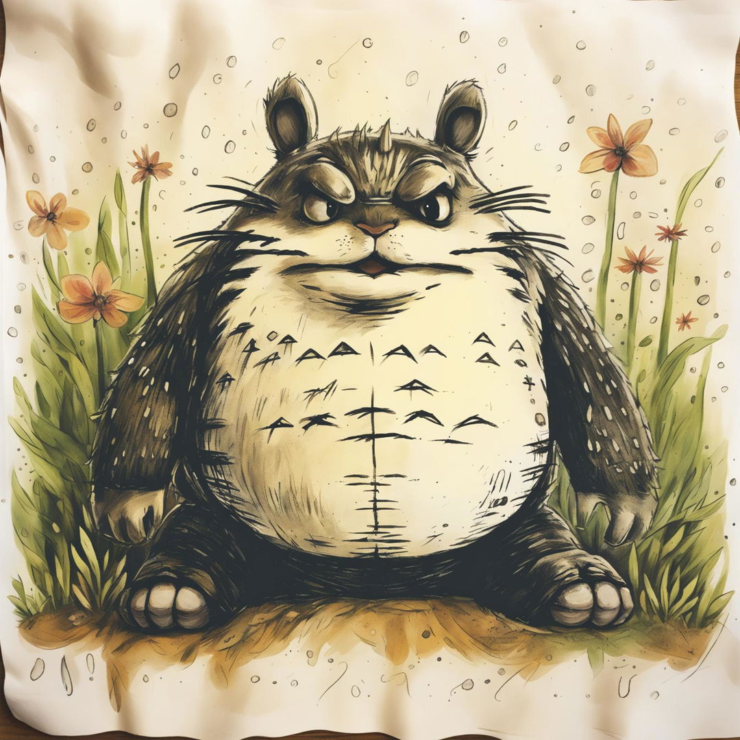 Transform the innocent child's crayon drawing of Totoro into a more detailed and realistic depiction while retaining the original's charm and colour palette.