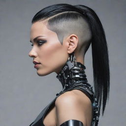 A female cyborg with long black hair, with the sides shaved close to the skin in a slick undercut style.