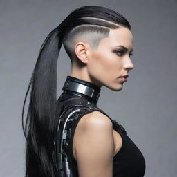 A female cyborg with long black hair, with the sides shaved close to the skin in a slick undercut style.