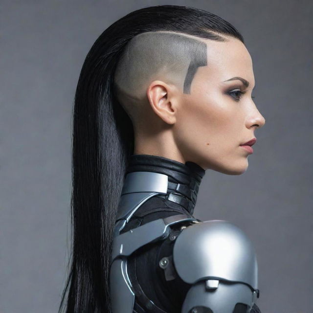 A female cyborg with long black hair, with the sides shaved close to the skin in a slick undercut style.