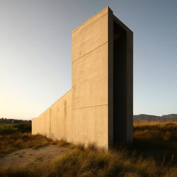 A Brutalist style monolith standing solitary on a flat terrain, its raw concrete surface reflecting the soft sunlight.