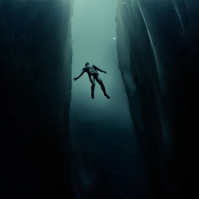 A surreal landscape depicting the concept of 'falling into oblivion', characterized by a figure in freefall amidst the vast, limitless expanse of the unknown abyss.