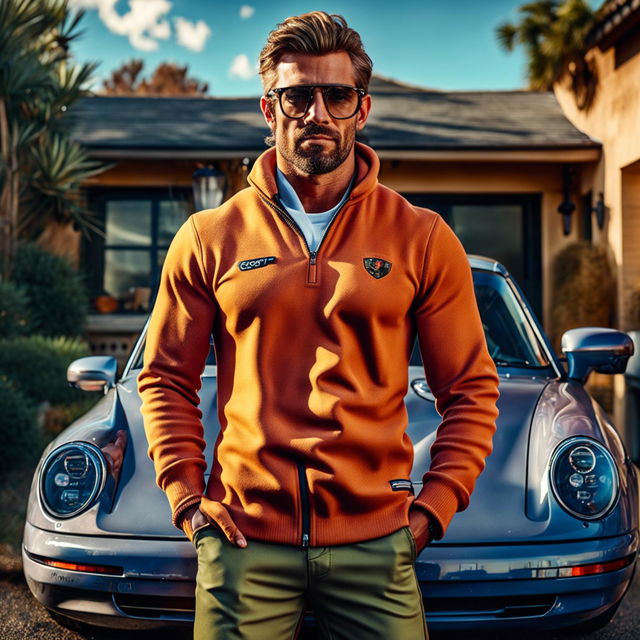 Create a vibrant, highly detailed image of a muscular man dressed in startup entrepreneur clothing, including a Patagonia quarter-zip sweater, posing next to a Porsche 911 outside his home in Calabasas, captured in a cinematic and realistic style.