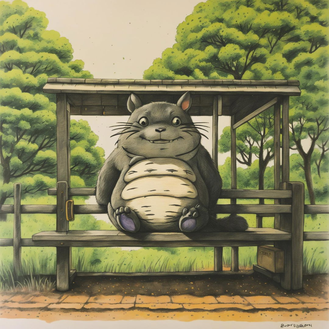 A colour-pencil sketch of a joyous Totoro sitting at a quaint rural bus stop, enveloped in leafy trees.